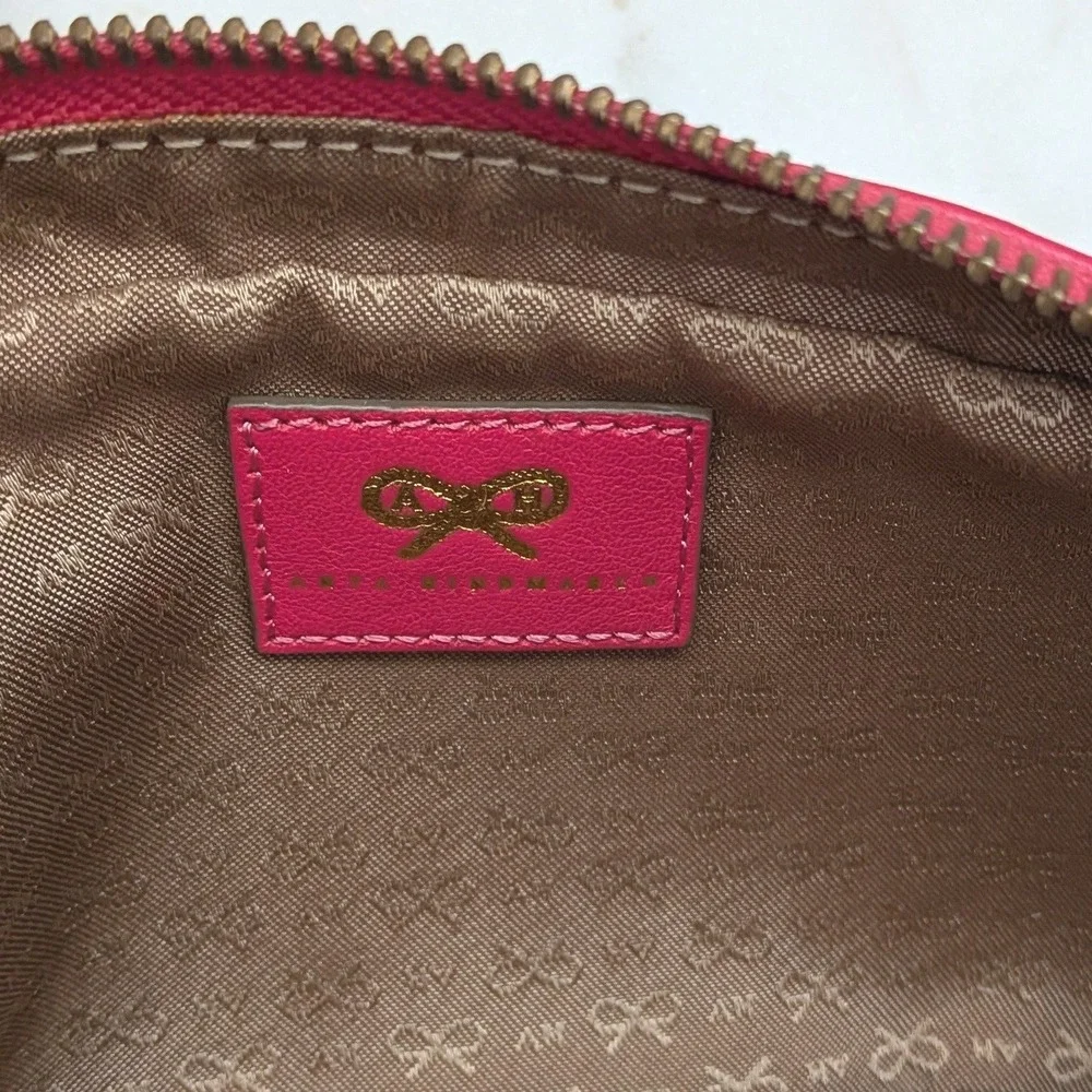 Anya Hindmarch Pink Embossed Bow Leather Cosmetic Makeup Bag Tassel Pouch Clutch - Picture 4 of 6